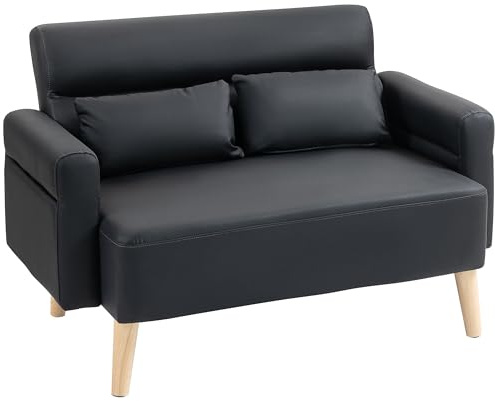 HOMCOM Sofá de 2 Plazas Tapizado en Cuero Sintético Sofá de Salón de 117 cm con Reposabrazos Acolchado Grueso Respaldo Acanalado y Patas de Madera para Dormitorio Sala de Estar Negro