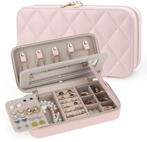 REVEMCN Small Travel Jewellery Box for Women and Girls, Jewellery Organiser Case with Mirror, Portable Earring Necklace Bracelet Ring Holder Storage for Travel, Gifts for Her (Soft Pink)