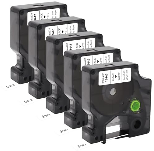 Molabel 5-pack 18443 vinyletikettband, 9 mm x 5,5 m, svart på vitt | Kompatibel med Dymo Rhino 3000, 4200, 5200 och 3M PL200 – självhäftande för industri, verkstad och kabelmärkning