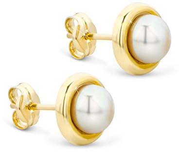 OROVI Ohrringe Gold- 14 karat (585) Gelbgold – Perlenohrringe, Ohrstecker Gold mit Weißen Süßwasserperlen 5 mm, Hypoallergene Perlen Ohrringe, Schmuck Damen, Gold Schmuck- inkl. edler Schmuckbox