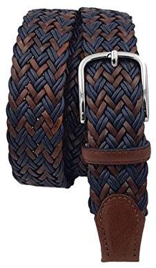 ESPERANTO Cintura intrecciata uomo donna con treccia cotone e cuoio, puntali vera pelle e fibbia nichel free anallergica 3,5 cm (Blu-Marrone, Tg 50- LUNG TOTALE 115 CM-GIROVITA 100 CM)