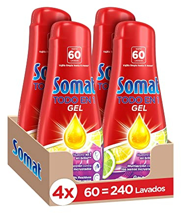 Somat Todo en 1 Gel Lima Limón (4 x 60 lavados), detergente lavavajillas líquido para vajilla, gel lavavajillas eficaz en ciclos eco y cortos, limpia profundamente