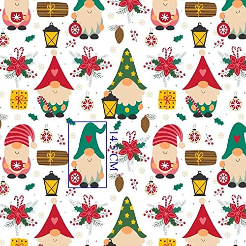 Pingianer Tessuto in stile natalizio, con elfi di Natale, regali e lanterne, in 100% cotone, da 100 x 160 cm, per bambini, ideale per lavori fai da te, tessuto a metraggio, di colore bianco