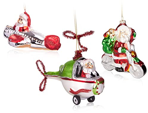BRUBAKER 3-teiliges Baumkugel Set Weihnachtsmann auf Reisen - Handbemalte Weihnachtskugeln Santa mit Motorrad, Flugzeug und Helikopter - Mundgeblasener Christbaumschmuck aus Glas Baumschmuck Lustig