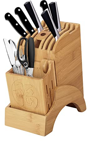 awagas 4 in 1 Kitchen Knife Block Without Knives, 6 Slots Bamboo Knife Holder with Scissors Slot, Sharpening Bar Slot, and Removable Chopstick Storage Box, Space Saving Storage Stand for Kitchen