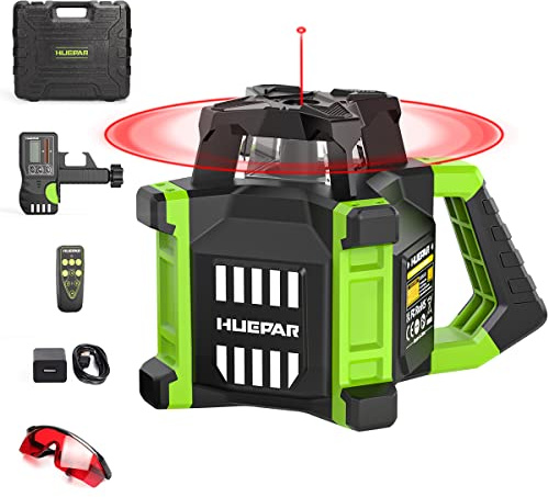 Huepar Electronic Self-Leveling Rotary Red Laser Level Kit - 360 Horizontal Laser Beam Interior/Exterior Rotating Laser Level Tool with Receiver, Protective Glasses, Hard Case RL300HR