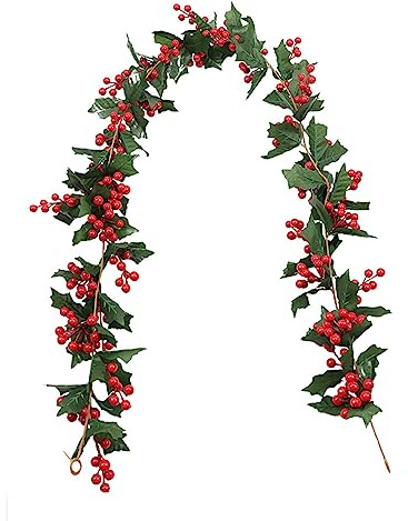 Durdiiy 1.8 m/5.9 FT Christmas Garland Decorations Fake Ivy Garland Artificial Foliage Fake Leaves with red berries Green Leaves Garland Hanging Plant for Wall Wedding Arch Party Garden Table