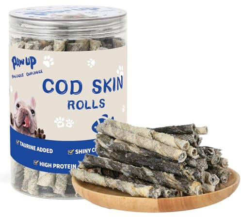 PAWUP Cod Skin Rolls Dog Treats Natural High Omega 3 Dog Snacks, Single Ingredient Cod Skin Chews for Small Dogs w/Taurine, 8 oz (30-35 Count)