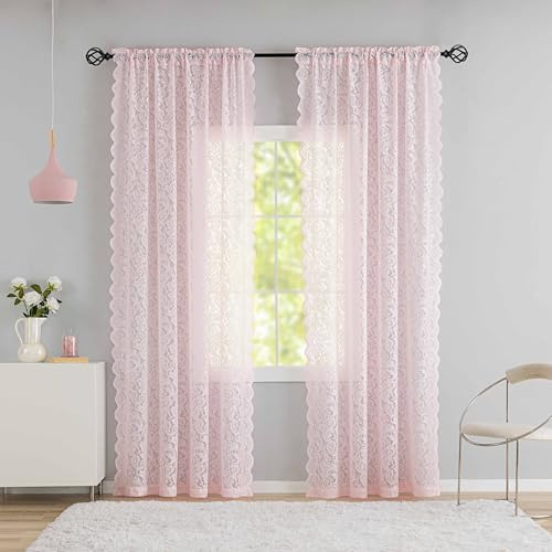 Aligogo, rosa Boho-Spitzenvorhänge 244 cm lang, Vintage, für Wohnzimmer, Studentenwohnheim, Kinderzimmer, halbtransparente Voile-Gardinen im modernen Landhausstil, 2 Paneele, 132 x 244 cm, hellrosa