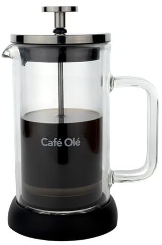 Café Olé Doppio Cafetería de vidrio de doble pared, prensa francesa, base antideslizante de silicona, 3 tazas de espresso, 350 ml, color negro