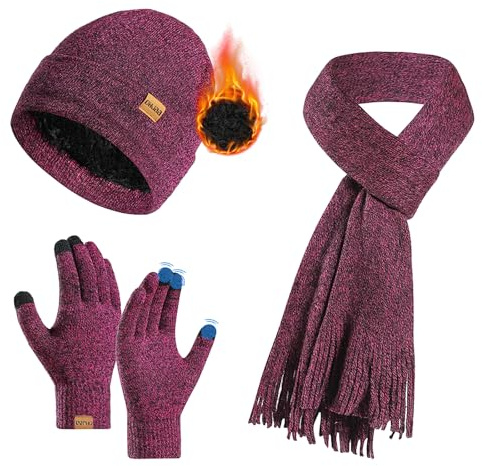 AYPOW Invierno Gorro Bufanda Guantes de Pantalla Táctil Set 3 en 1 para Mujeres, Sombreros de Punto con Cálido Forro Polar Suave Larga Lana Bufanda Elástico Guantes Conjunto para Mujeres Regalos