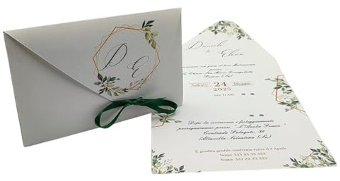PV Grafik® 15 Partecipazioni Matrimonio Personalizzate, Inviti Matrimonio a Busta, Invito Partecipazione Nozze, Sposi, 15x28 cm Nastrino inclusa, Personalizza invito e scegli la quantità. (M1)