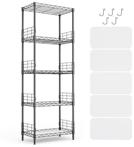 LINSY HOME Standregal mit 5 Regalböden, Metallregal, Gitterregal Metall, Vorratsregal Schwarz mit Abnehmbare Haken für Keller, Wohnzimmer, Büro, bis 225 kg Belastbar, 54 x 29 x 150cm H (Schwarz)