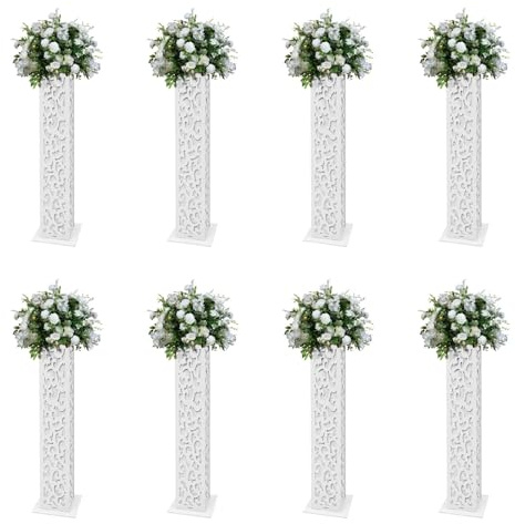 Resfirme 8PCS Wedding Flower Columns,47.2 Inch White Carved Pillars with LED Lights PVC Expansion Sheet Panels Design Flower Columns Decoration Flower Stands for Wedding Decorations