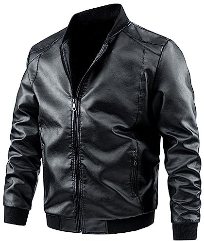 Chaqueta de cuero para hombre, resistente al viento, con cremallera, manga larga, estilo retro, cuello de solapa, cortavientos, acolchada, impermeable, abrigo grueso para otoño e invierno, Negro, M