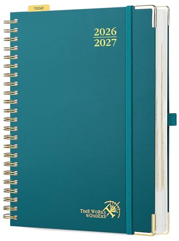 POPRUN Agenda 2026 2027 Dagsplanerare A4 Stor Storlek 30,5 x 22 cm, 1 Sida per Dag, Aug'26 - Juli'27, 12 Månader Skolkalender, Hårt Omslag med Spiralbindning, Papper 80 gsm,Stillahavsgrön