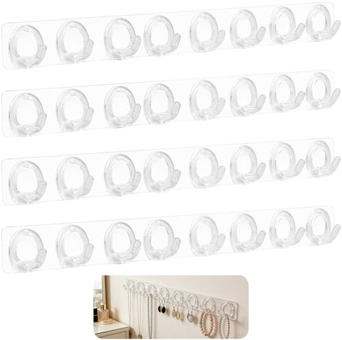 4 PCS Colgador de Joyas de Pared con 8 Ganchos, Soporte para Collar y Pendientes de PC Transparente, Organizador de Joyería de Lujo para Pulseras y Cadenas, Soporte de Joyería para Collar Sin Taladrar