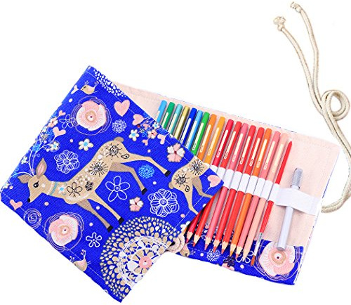 Amoyie Colouring Pencil Case 72 Slots, Roll Up Pen Holder, Pencil Wrap | Canvas Organiser Bag for Coloured Pen, Foldable Carrier for School, Outdoor, Artist Storage Bags, Large Capacity, Deer