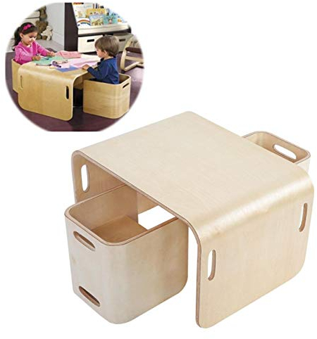 lyrlody 3 TLG Holz Kindersitzgruppe, Tisch und Stühle für Kinder, 1 Kindertisch mit 2 Stühle, Kindersitzgruppe Sitzgruppe 3 in 1 Multifunktionale Kindermöbel für Kinder