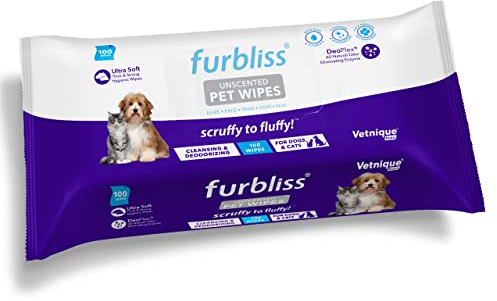 Vetnique Labs Furbliss Hygienische Haustier-Tücher für Hunde und Katzen, Reinigung und Desodorierung hypoallergener Dicker Tücher mit Allen natürlichen Deoplex-Deodorantien (ohne Duft) (100ct Pouch)