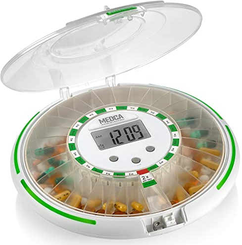 Automatischer Pillenspender mit elektronischem 28-Tage-Medikamenten-Organizer - Abschließbarer Schlüssel-Pillenbehälter mit LCD-Display, Licht- und Ton-Erinnerungsalarm für geplante Medikamente