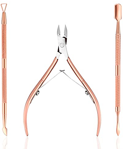 SUSSURRO 3 Pcs Coupe-Cuticules avec Poussoir à Envies pour Repousser Cuticule en Acier Inoxydable Ciseaux Ongles Professionnel Outils Manucure,Or Rose