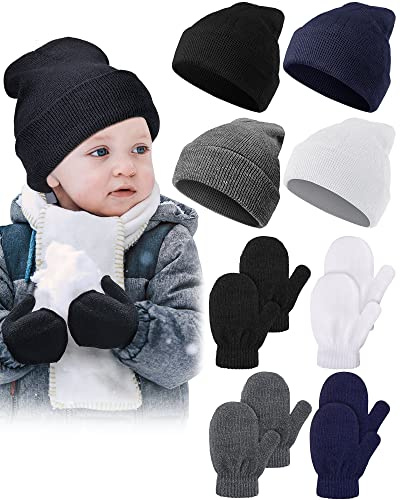 4 Sets Toddler Boys Hat and Glove Kids Winter Beanies with Gloves Warm Knitted Baby Beanie Hats Set Cuffed Skull Cap for Boys Girls