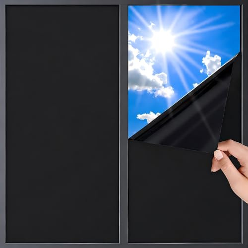Zindoo Blackout Window Film Privacy Day and Night, Frost Black 119.5x200cm | Black Out Glass Sticker Vinyl Covering Static Cling, Light Blocking UV Protection Dark Window Tinting Film for Bedroom Home