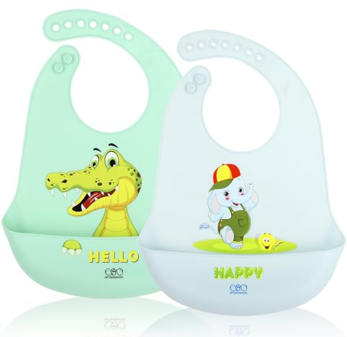 FIFTYSEVENFACES 2 Pezzi Bavaglini in Silicone Impermeabili con Tasca Raccoglipappa, Bavaglino Svezzamento Bambino, Senza BPA, Morbidi e Regolabili 6-36 Mesi, Lavabili