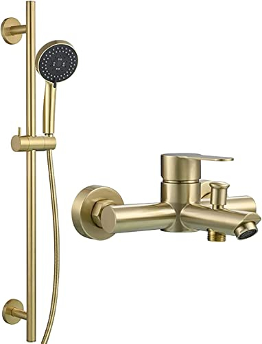 Badewannenarmatur mit Handbrause Einstellbar Wannenbatterie Set Wandmontage Badewanne Wasserhahn Edelstahl Gebürstetes Gold Wannenarmatur mit Duschstange