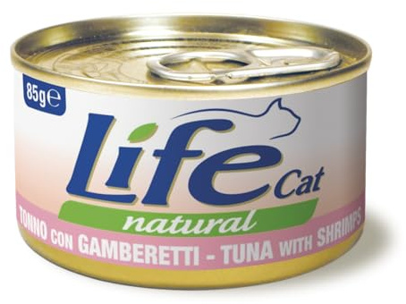Life Natural Cat Adult – Cibo Umido per Gatti con 75% Tonno – Lattine da 85 g – Confezione da 12 (Tonno e Gamberetti)