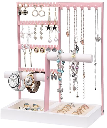 Caluself Schmuckständer Rosa, Schmuckhalter Kettenhalter,Schmuckbaum Uhrenhalter mit Ringaufbewahrungsbasis Ohrringhalter silberne Schmuckaufbewahrungshalter für Ohrringe,Armbänder,Uhren