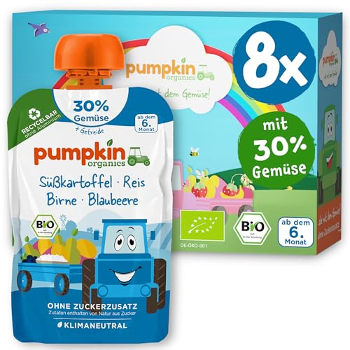 Pumpkin Organics Bio Gemüse-Getreide-Quetschies 8er Pack Süßkartoffel, Reis, Birne, Blaubeere ohne Zuckerzusatz¹ - ab dem 6. Monat - als Snack oder Beikost für unterwegs - glutenfrei (8x100g)