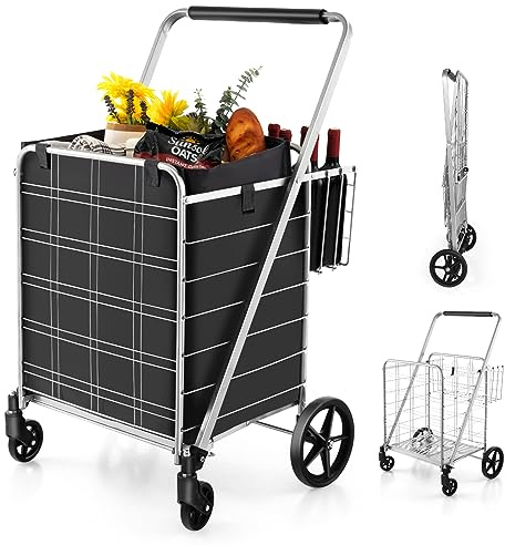 COSTWAY Carrello Portaspesa Pieghevole con Sacca, Carrello della Spesa Pieghevole con Ruote Girevoli a 360°, 2 Cesti, Capacità di Carico: 150 kg, 126 L, 66 x 64 x 103 cm (Argento)