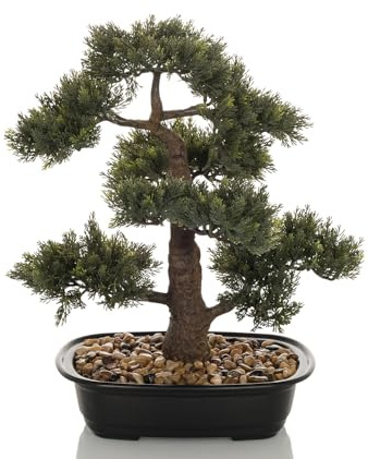 hjh OFFICE Kunstpflanze Bonsai künstliche Deko Pflanze, pflegeleichter Kunstbaum, Höhe 44 cm, Kiefer, Grün 871050
