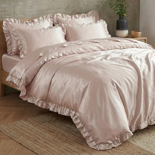 Herside Satin Ruffle Duvet Cover Set Double Champagne Pink Bedding Silk like Satin Ruffled Fringe Silky Farmhouse Bedding Sets 1 Boho Duvet Cover 2 Pillowcases (Champagne Pink, UK Double)