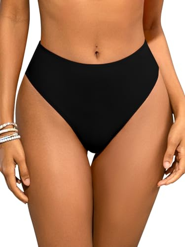 SHEKINI Women High Waisted Bikini Bottoms Tummy Control High Cut Swim Thong Briefs Swimming Bottom Black-M