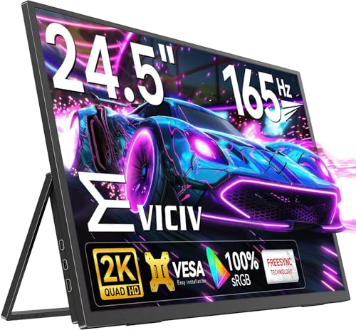 EVICIV Portable Monitor 24,5 Zoll 2K 165Hz GroBer Tragbarer Bildschirm QHD 2560 * 1440 100% sRGB 1500:1 IPS Gaming Display USB C Mini HDMI mit VESA & Ständer 180°für Laptop PC Handy PS-4/5 Xbo