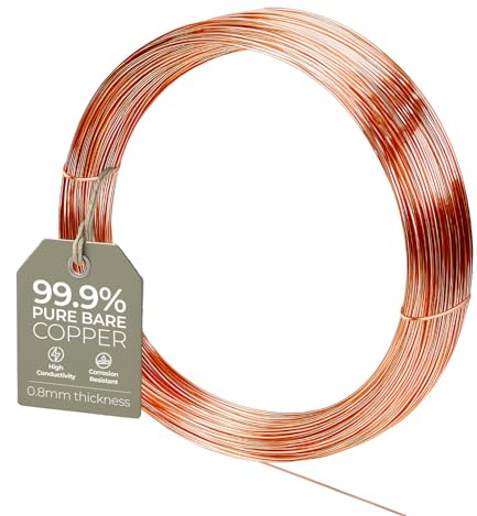 Fil de cuivre nu pour loisirs créatifs – 0,8 mm Calibre 20 10 m Fil pour sculpture, artisanat floral, fabrication de bijoux, tissage et emballage, fil de cuivre d'électrolyture, fil de cuivre pur à