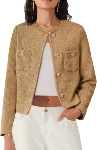 Juankrynord Giacca da lavoro in tweed corta casual con bottoni a maniche lunghe da Donna primavera 2025 manica lunga colletto rotondo arrotolato blazer casual con bottoni e tasche (Khaki,S)