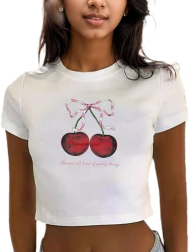 EMOTTOS Hauts Imprimé Cerise pour Femmes, Y2K Slim Fit Court Tops à Col Rond, Cropped T-Shirt Doux à Manches Courtes, Casual Tops Dété Skinny Clubbing Party, Blanc, S-XL