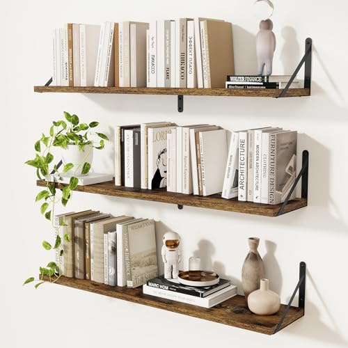 Feihorrm Set of 3 Book Shelf, Vintage Brown Wall Shelves, 90cm Wall Shelf, Wooden Shelves, Shelves for Wall, Bookshelf for Bedroom, Living Room, Home Office & Book Storage