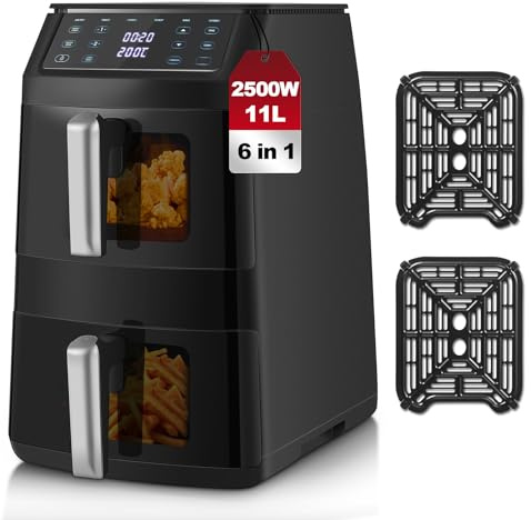 TopStrong Dual Air Fryer, Double Stack Air Fryer with Visual Window, 6 Functions-Air Fry, Air Roast, Bake, Broil, Reheat, Dehydrate, Dishwasher Safe Non-Stick Baskets, 2500W, Family Size(11L)