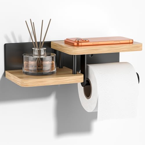 HOMIKLSA Porte-Papier Toilette avec Étagère – Chêne & Acier INOX, Trous de Fixation à vis, Support de Rouleau de Cuisine en Bambou pour Salle de Bain et Cuisine