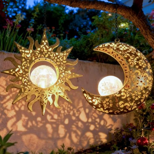 QCF Solar Hanging Sun & Moon Lights Set for Outside,2 Pack Metal Lanterns Pierced Carving Soothing Lamp, Large Decorations for Yard Garden Patio Proch Tree Wall, Christmas Gifts for Women Mom