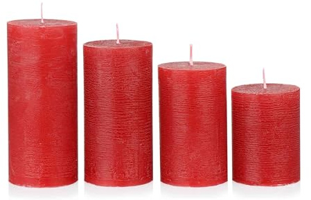 NKlaus Rustic Advent Candles Wine Red Set of 4 Diameter 6 cm - Pillar Candles Made of Wax for Christmas Decoration, Advent Wreath & Table Decoration, Long Burning Time