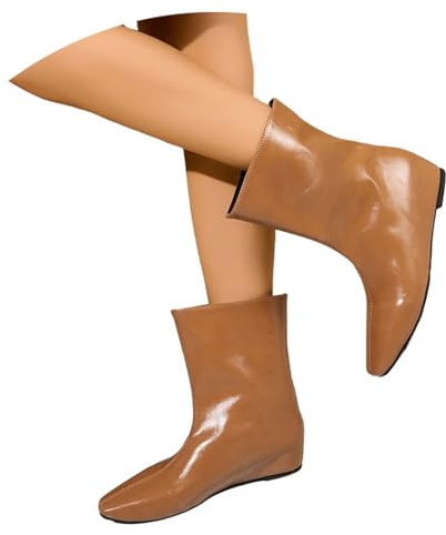 LDXEQIZ Botines De Talla Grande for Mujer Botas Cortas Medievales Retro Boots De Punta Puntiaguda De Charol PU Botines Renacentistas De Tacón Bajo Zapatos Sin Cordones De Caña Ancha(Brown,42 EU)