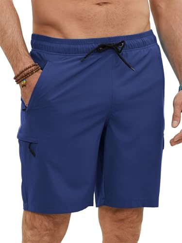 YloveM badbyxor herr långa snabbtorkande badmode för herr badshorts herr med dragsko simbyxor herr lång med dragkedja ficka vattenavvisande elastisk 2 i 1 innerbyxor, Marinblå, XL
