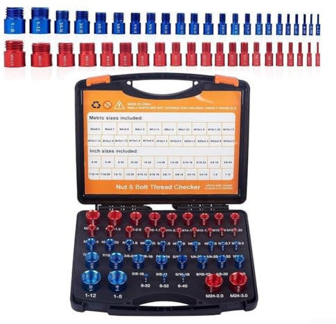 Kit di misuratori di filettatura per dadi e bulloni, 2644 pezzi, con misure metriche e dimensioni per un'identificazione accurata di viti e filettature in officina (44 pezzi, rosso/blu)