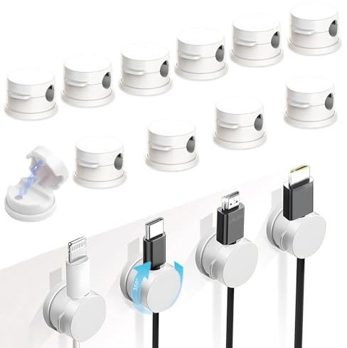 YUZHEDM 10 Piezas Organizador Cables Sujeta Cables Adhesivo Juego de Sujetacables Magnéticos Blancos, Autoadhesivos para Mesita de Noche, Cables,Carga, HDMI, USB, TV Y Luces Cadena